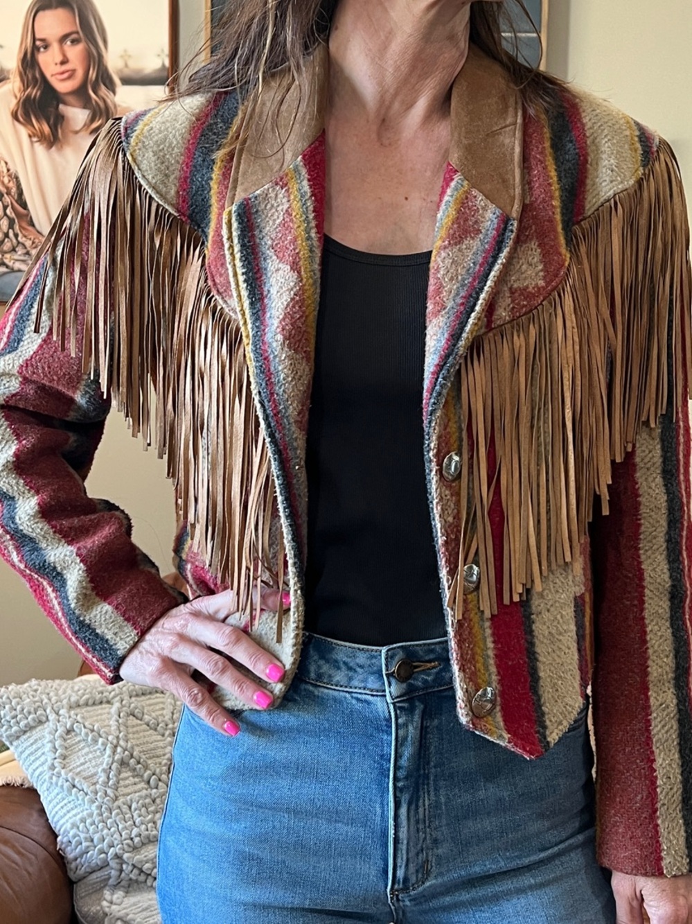 PIONEER WEAR Brown & Red Striped Fringe Western Vintage Jacket - Picture 7 of 12